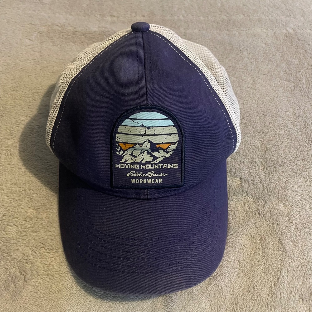 Vintage Y2K Eddie Bauer Workwear Moving Mountains Trucker Hat Blue Mesh Snapback